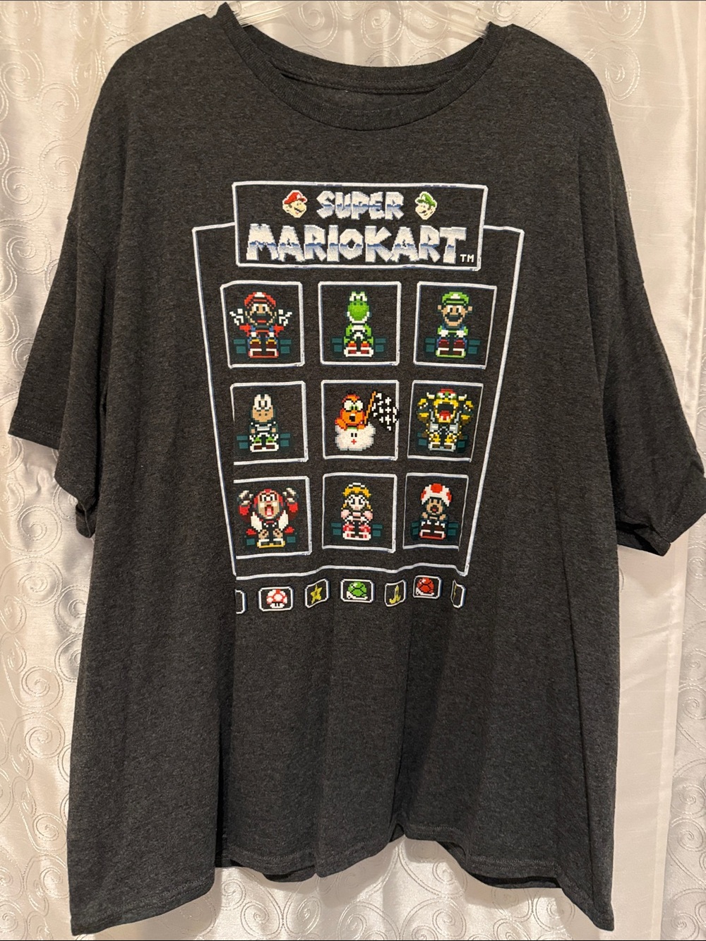 Super Nintendo Super Mario Kart Charcoal Gray Pixel Character Tee Men’s 2XL 🔥 B3